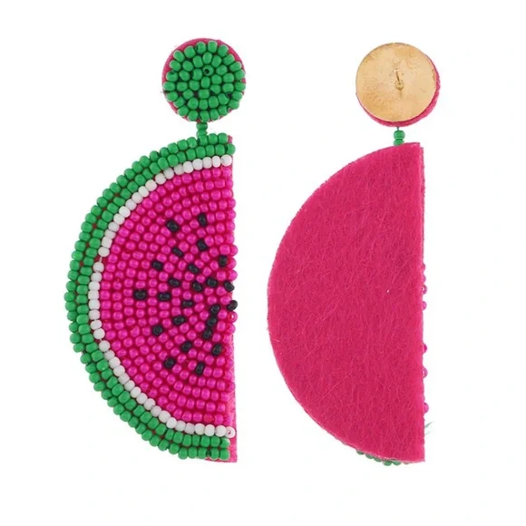 Watermelon Slice Seed Bead Dangle Earrings - Picture 5 of 7